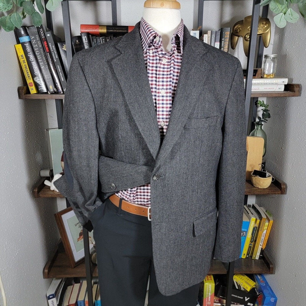 Tasso Elba Mens Tweed Sport Coat Blazer Two Button Gray Herringbone Poly Wool XL